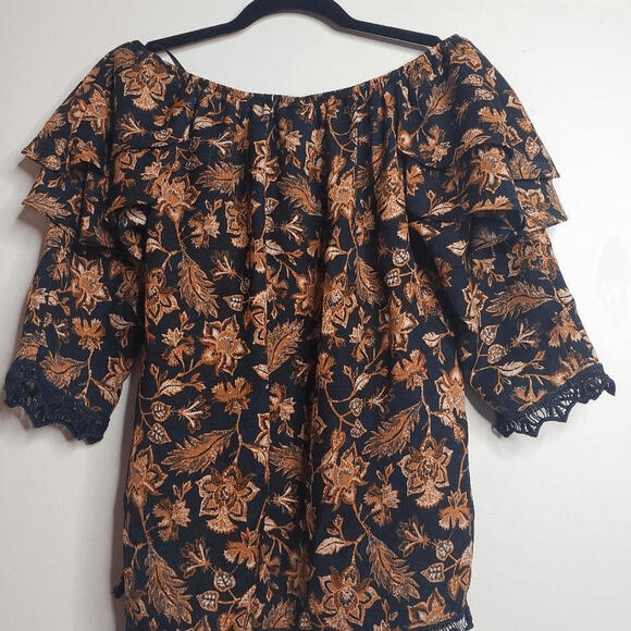 Knox Rose Tops - Off The Shoulder Ruffle Peasant Blouse - Deep Navy Sepia Flowers - XS